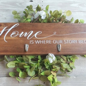Entryway Key holder, wall hooks, Home Is Where Our Story Begins Sign, Housewarming Gift, Key and leash holder for wall, wedding gift image 3