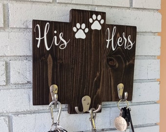 His Hers key and leash rack, gift for dog lovers, entryway wall key hanger