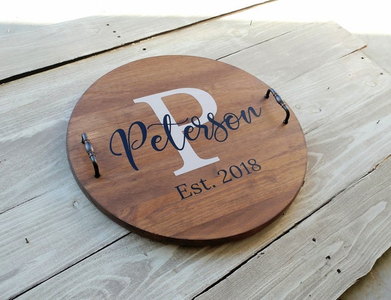 Personalized Round Serving Tray Wedding Gift Last Name Wood Tray