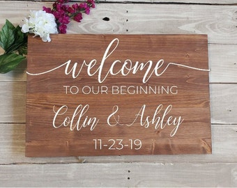 Welcome Wedding sign, welcome to our beginning sign, rustic wedding decor, personalized wood wedding sign, ceremony decor
