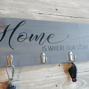 Entryway Key holder, wall hooks, Home Is Where Our Story Begins Sign, Housewarming Gift, Key and leash holder for wall, wedding gift image 5