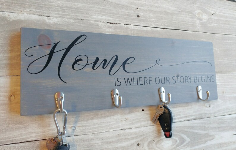 Entryway Key holder, wall hooks, Home Is Where Our Story Begins Sign, Housewarming Gift, Key and leash holder for wall, wedding gift image 5