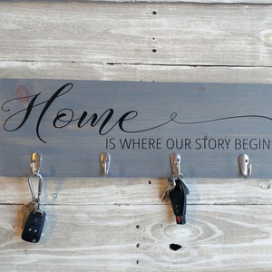 Entryway Key holder, wall hooks, Home Is Where Our Story Begins Sign, Housewarming Gift, Key and leash holder for wall, wedding gift image 4