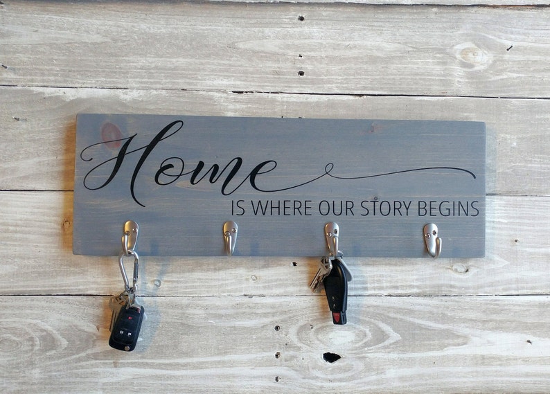 Entryway Key holder, wall hooks, Home Is Where Our Story Begins Sign, Housewarming Gift, Key and leash holder for wall, wedding gift image 4