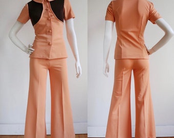 Vintage 1970’s | Small | Tailored Two tone peach and brown ensemble with wide leg trousers