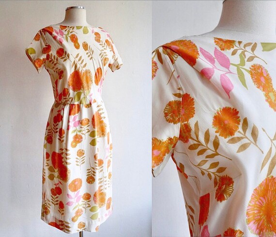 Vintage L 1960’s | Silk Floral Day Dress | 60’s sh