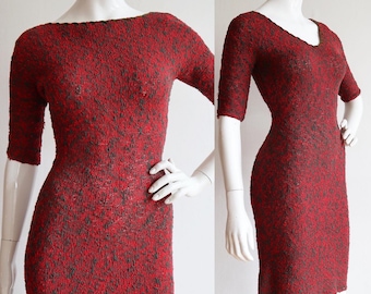 Vintage 1950s | S-M | Red and green, nubby wool knit dress with velvet trim neckline.
