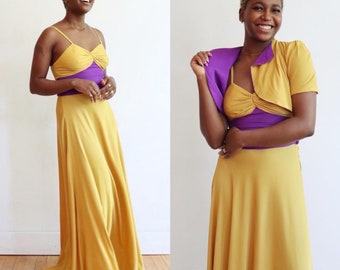 Vintage 1930s | XS-S | RARE purple yellow colour block rayon jersey gown with reversible bolero