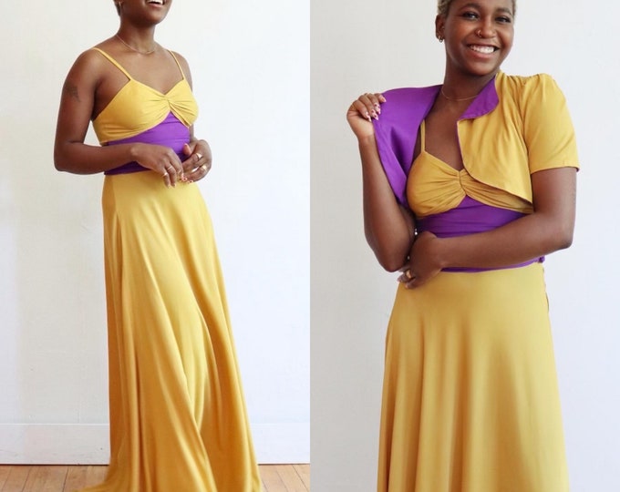 Featured listing image: Vintage 1930s | XS-S | RARE purple yellow colour block rayon jersey gown with reversible bolero