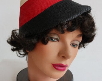 1950’s Conical colour block, straw look hat in Red, White and black by Helen Joyce