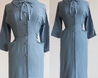 Vintage 1950’s | Small | Shimmering blue striped dress with hip pockets