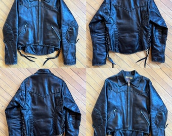 RARE Vintage 1960’s | Medium | Top quality whipstitched Leather Loft jacket with lace up sides elbow patches and denim lining