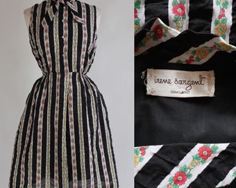 Vintage 1960's | Medium | Irene Sargent Crinkle cotton seersucker shirtwaist dress with floral stripes, pockets.