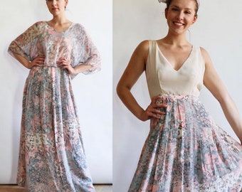 Vintage 1990’s | Small | Oscar de la Renta pastel floral silk crepe + chiffon gown