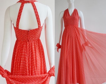 Vintage 1970's | XS/S | Coral polka dot chiffon gown with rhinestone decorated bodice and matching shawl Shannon Rodgers Jerry Silverman