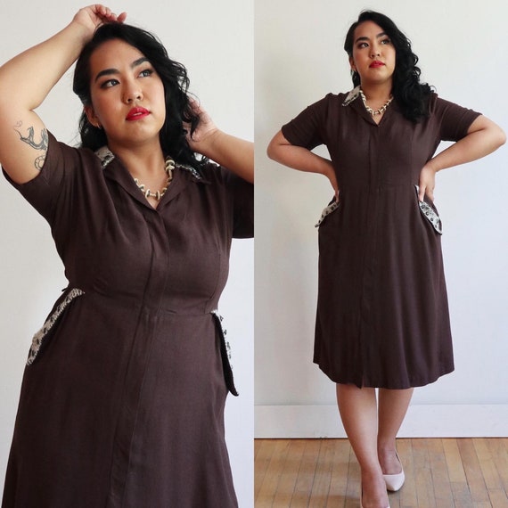 Volup Vintage 1940’s | Brown flannel day dress wit
