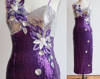 Vintage 1980’s | Medium | Dazzling purple and silver sequin cocktail dress with floral appliqués