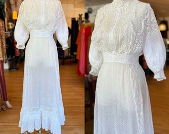 Antique Edwardian | XS | 1900’s Swiss Dot cotton lawn dress with insertion lace and open work