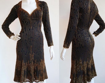 Vintage 1980’s | Small | Deadstock  hand beaded black and gold dress