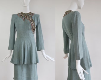 Vintage 1940's | Small | Slubbed silk dinner dress with neon and copper sequins.