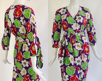 Vintage 1980's | Small | Guy Laroche rayon floral dress with cut-out back and asymmetrical overlay.
