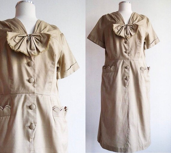 Vintage XL 1950’s | cotton day dress | 50’s silk b