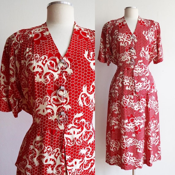 Vintage 1940s | L/XL | Volup cold rayon day dress