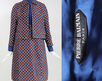 Rare Vintage 1960s | Medium | Pierre Balmain numbered Haute Couture red and blue silk dress and jacket