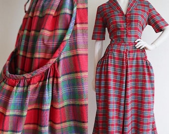 Vintage 1940s | Medium | Cotton plaid dress with huge hip pockets.
