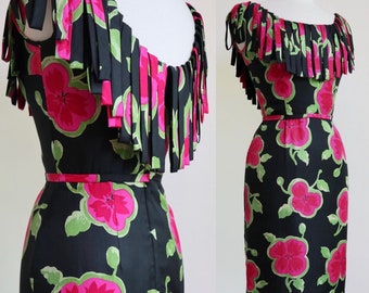 Vintage 1960’s | Small | Vibrant silk floral dress with looped fringe collar