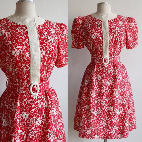 Vintage 1930s | M/L | cotton floral day dress