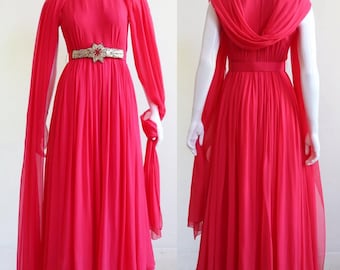 Vintage 1960's | XS/S Petite | Rare silk chiffon jumpsuit and shawl with gathered palazzo pants and beaded, crystal rhinestone belt.