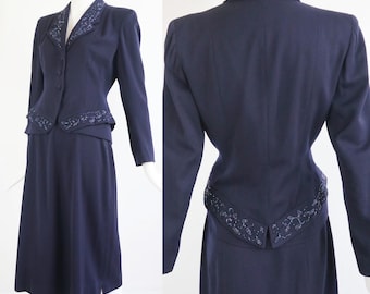 Vintage 1940s | Medium | Midnight blue wool gabardine tailored skirt suit with Aurora Borealis beadwork.