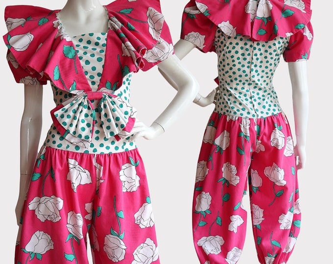 Featured listing image: Vintage 1980s | Medium | Unreal cotton jumpsuit with puffed sleeves, balloon pants, floral print polka dot
