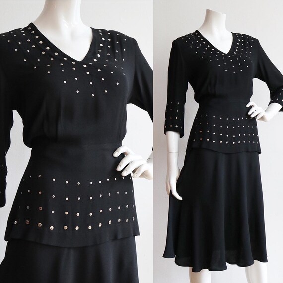 Size Small Vintage Wounded Bust 38 1940s Studded Two Tone Rayon Crepe Dress Waist 26-27
