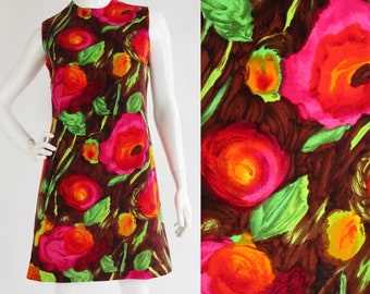 Vintage 1960's | Small | Brushstroke floral velvet shift dress.