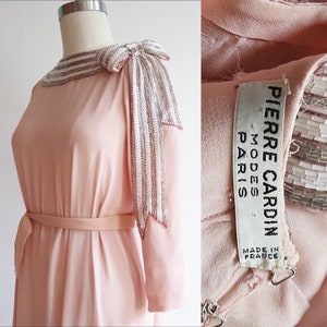 Vintage late 1970s | Medium | Pierre Cardin Couture silk chiffon gown with trompe l’oeil beaded bow