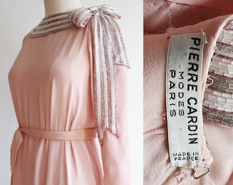 Vintage late 1970s | Medium | Pierre Cardin Couture silk chiffon gown with trompe l’oeil beaded bow