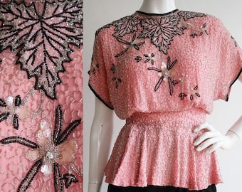 Vintage 1980s | XS-S | 1940’s style Pink silk couture hand beaded and sequinned peplum blouse