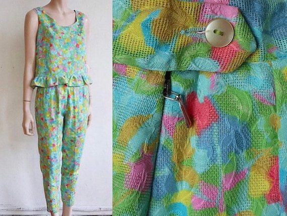 RARE Vintage 1960's / Rainbow floral cotton jacqua