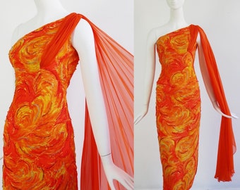 Vintage 1960's | Small | Beaded cotton cocktail dress with feather motif, one shoulder draped chiffon.