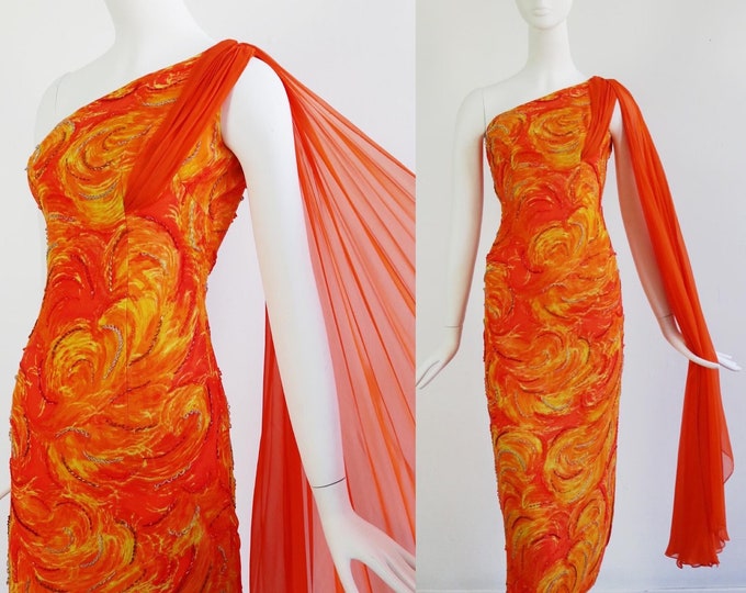 Featured listing image: Vintage 1960's | Small | Orange beaded cotton cocktail dress with feather motif with one shoulder draped silk chiffon