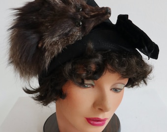 1930’s New York Creations tall felted wool cloche hat with real Fox