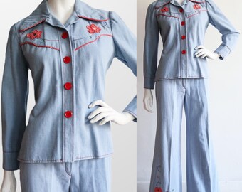 Vintage 1970s | Medium | Softest chambray denim pants suit with rainbow embroidery and polka dot patch flowers