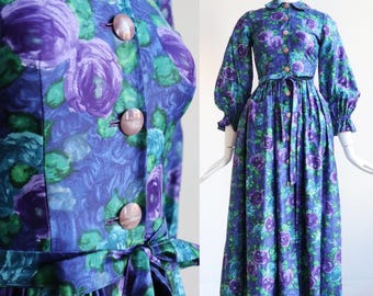 Vintage 1950s | XS | Brushed cotton floral hostess dress