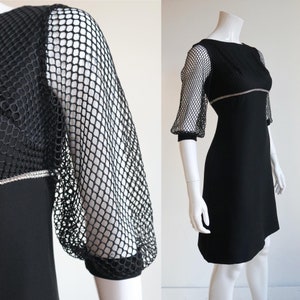 Abito da cocktail vintage anni '60 / XS / in rayon con maniche a rete e vita decorata con strass