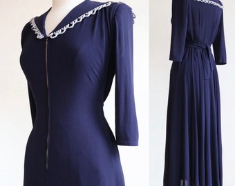 Vintage 1940’s | M-L | Royal blue rayon crepe zipper front dressing gown