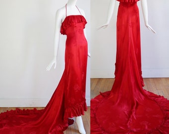 Vintage 1940's | XS/S | 1940's silk charmeuse Holoku style gown with train by designer Elsie Krassas.