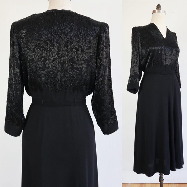 Vintage 1940's | XXL | Satin backed crepe hand- beaded damask cocktail dress by Julius Garfinckel and Co.