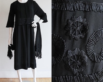 Antique 1910’s-20’s | Medium | Silk crepe embroidered dress with fringe and weighted hems